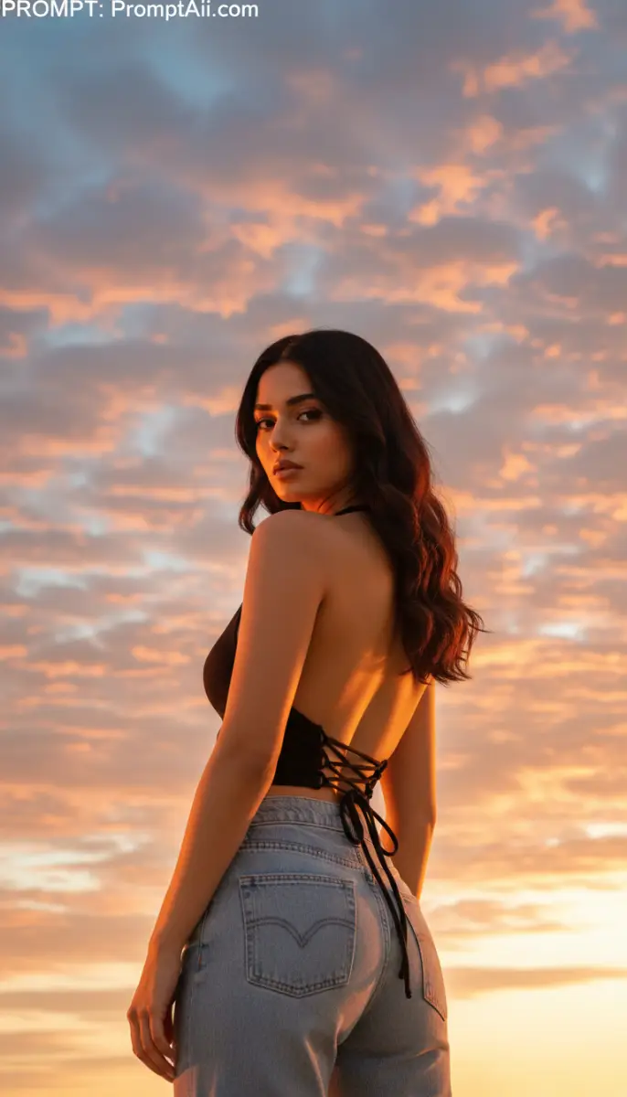 Beautiful Woman in Black Halter Top Against Sunset Sky