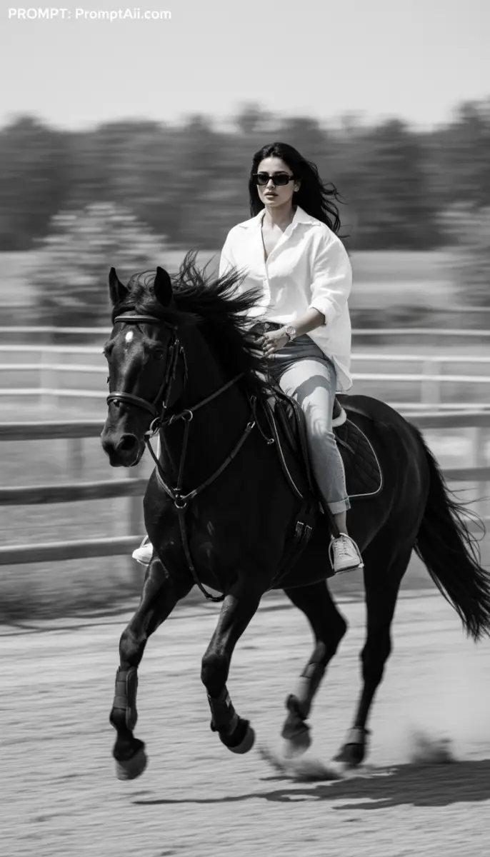Stylish Woman in Sunglasses Galloping on a Black Horse