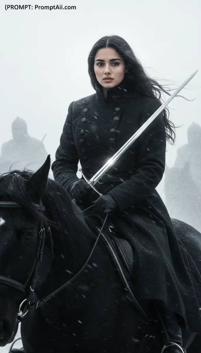 Female Rider Holding Sword in Winter Storm.
