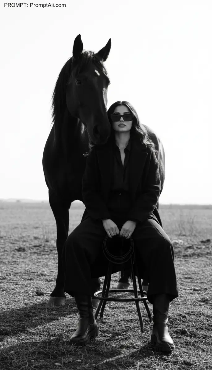 Stylish woman in coat and sunglasses sitting with a dark horse