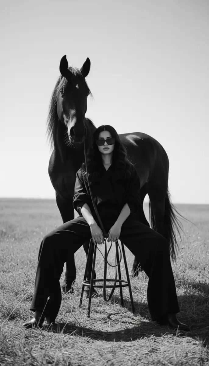 Black and White Fashion Portrait of Woman with Horse
