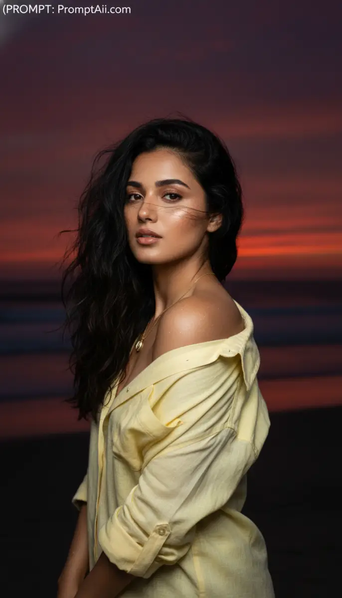 Woman in Yellow Shirt Portrait at Dramatic Sunset Beach