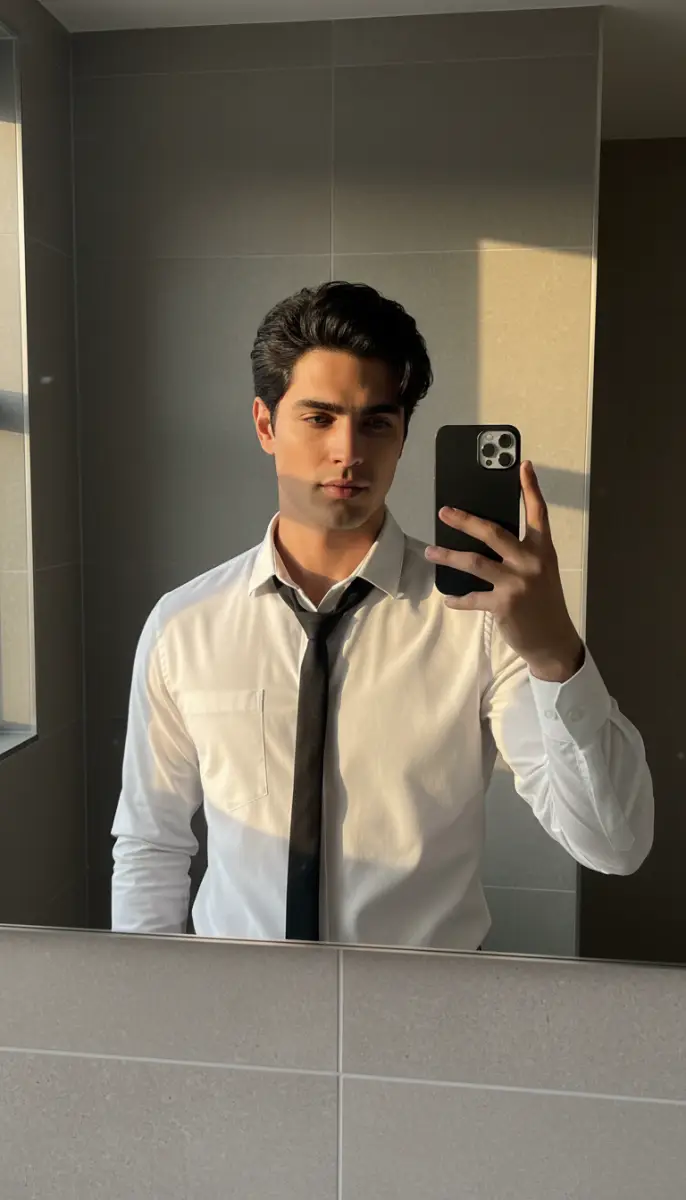 Stylish mirror selfie of man in white shirt and black tie
