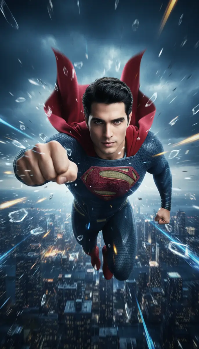 Superman Flying Fast Over City Cinematic Poster