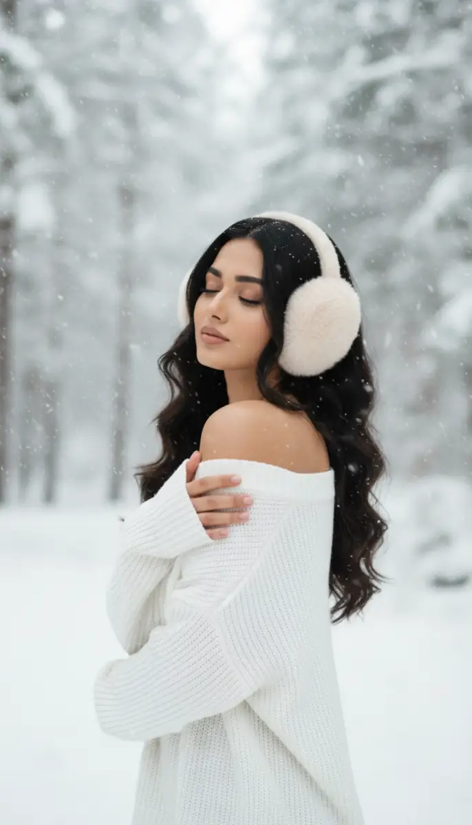 Beautiful woman wearing earmuffs in heavy winter snow