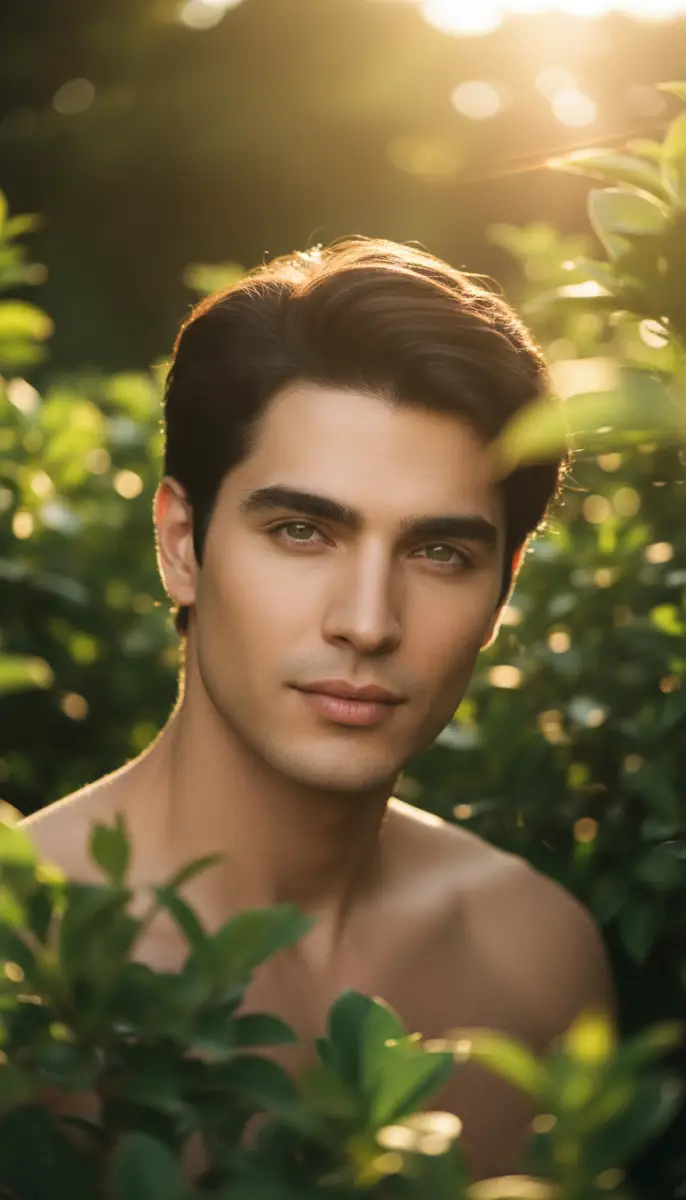 Golden hour portrait of a handsome man in foliage