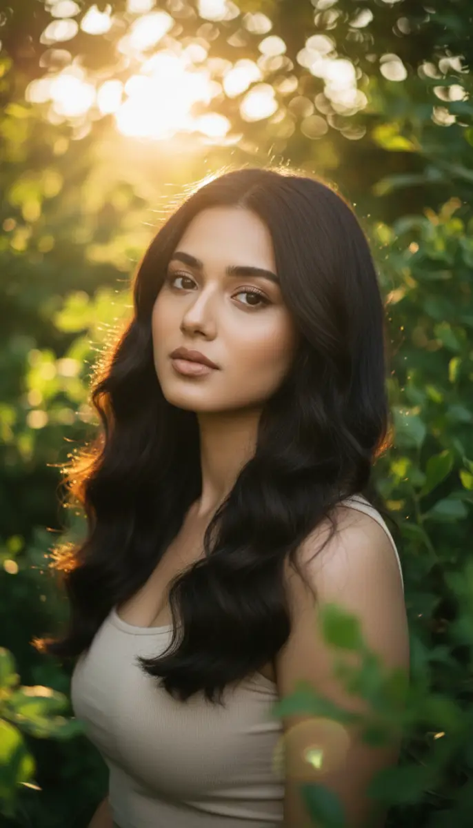 Portrait of a woman with glowing dark hair at sunset
