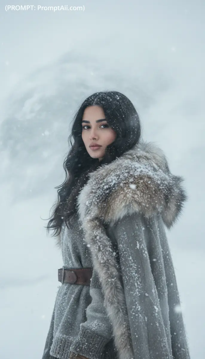 Woman in Fur Cloak in Heavy Winter Snow Storm