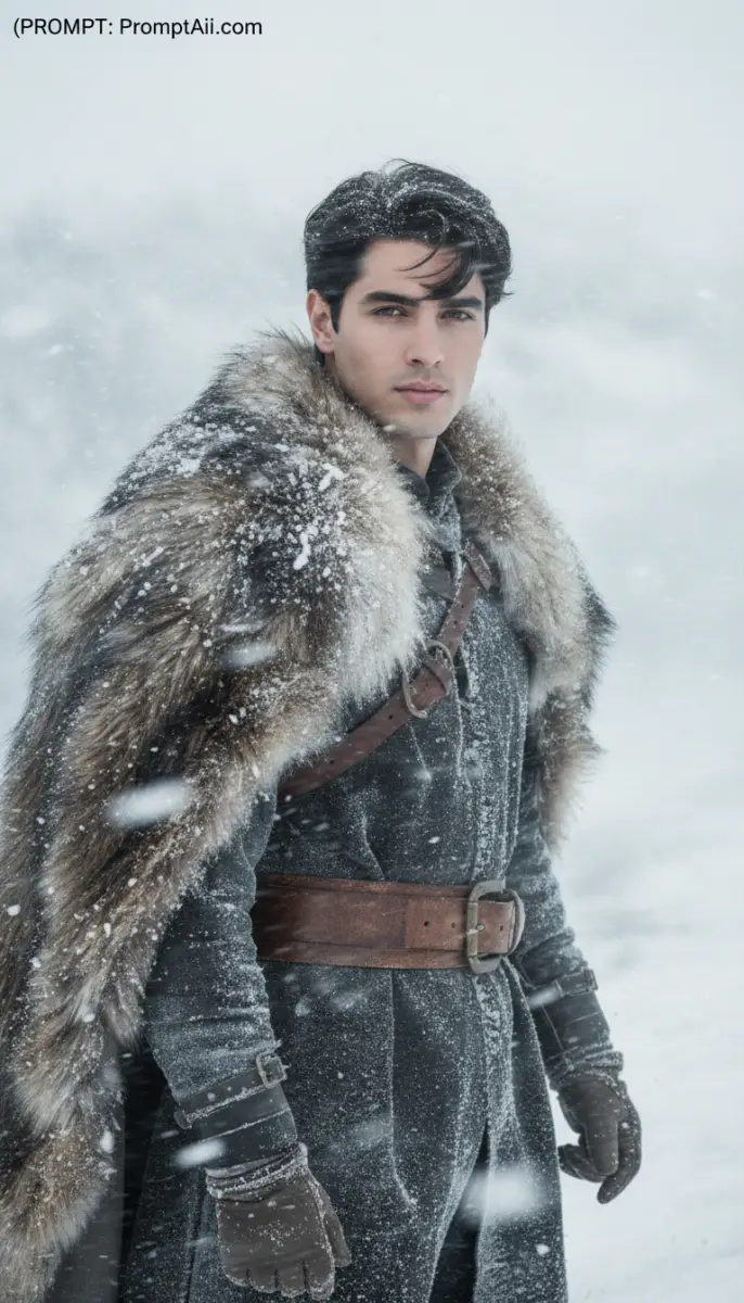 Realistic Portrait of Man in Fur Cloak in Snowy Winter