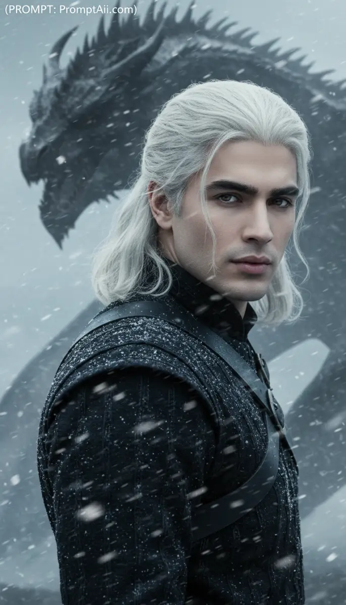 Warrior with Long White Hair and Dragon in Winter Snow