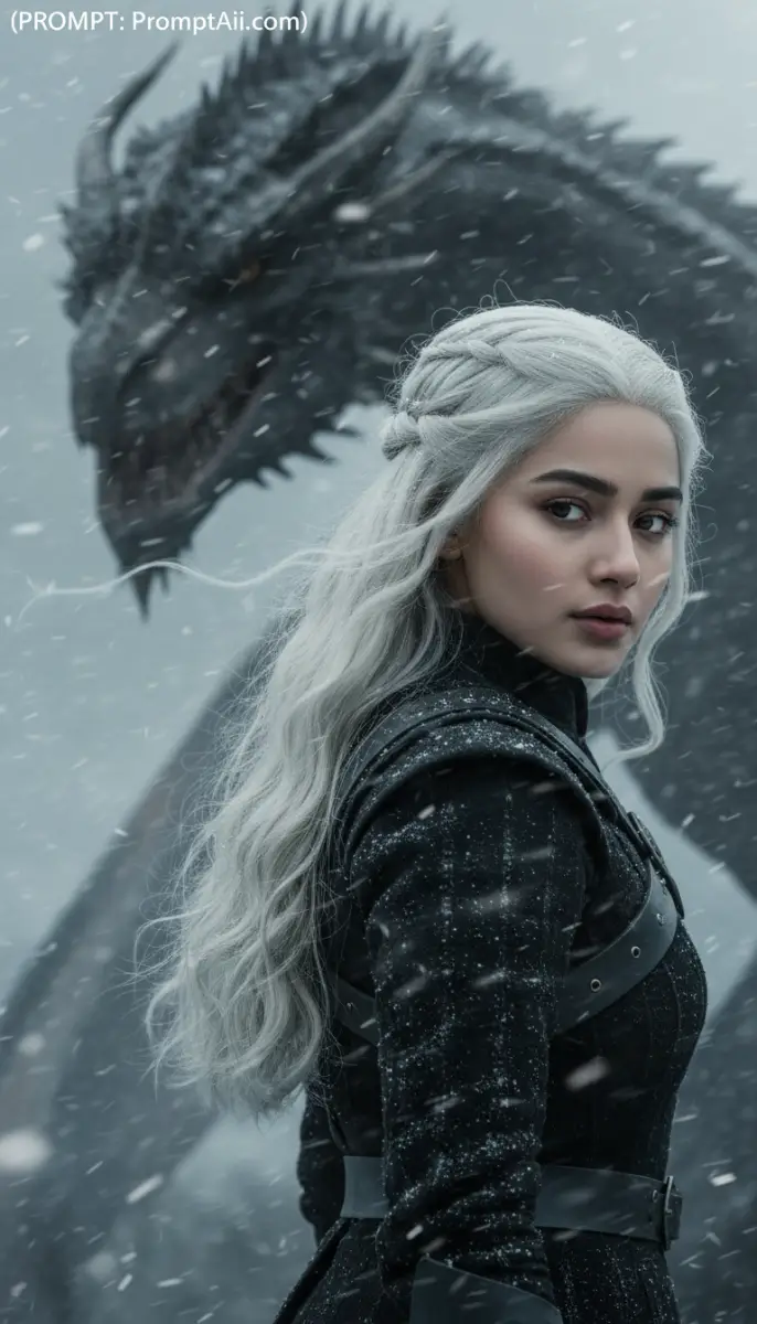 Fantasy Portrait of White-Haired Woman with Dragon in Snow