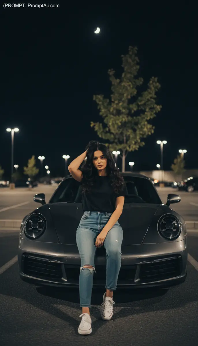 Woman Posing on Grey Porsche Car Hood at Night