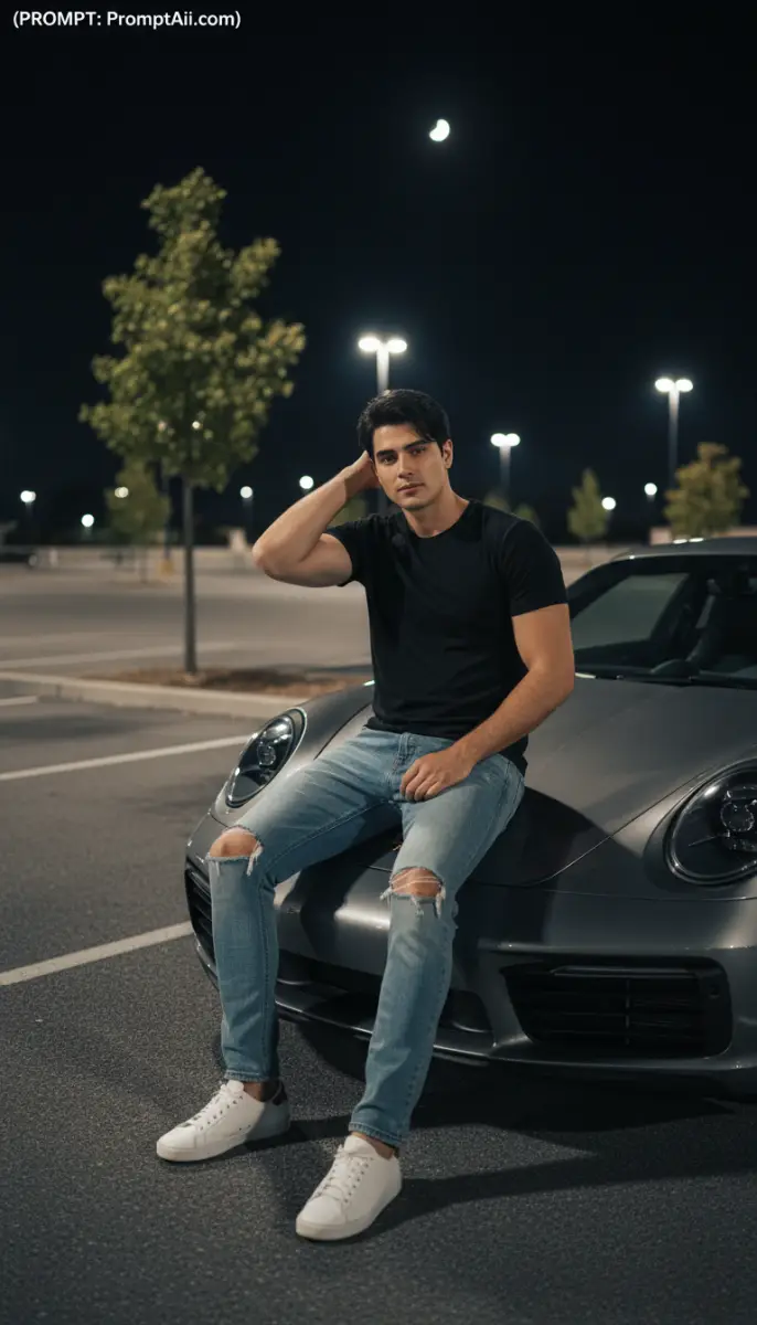 Night portrait of man in ripped jeans on gray Porsche