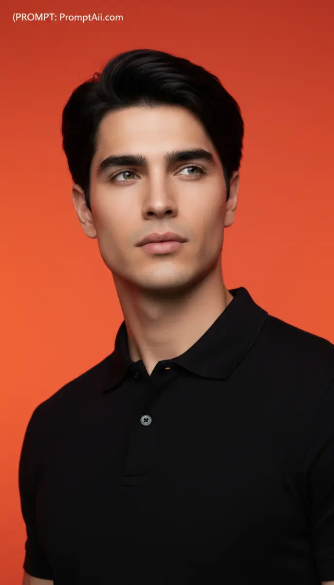 Handsome dark-haired man in black polo shirt portrait
