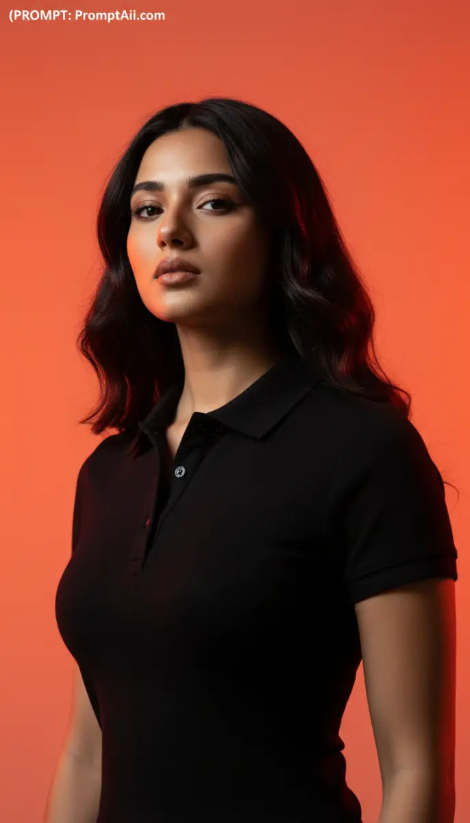 Fashion portrait of dark-haired woman in black polo shirt