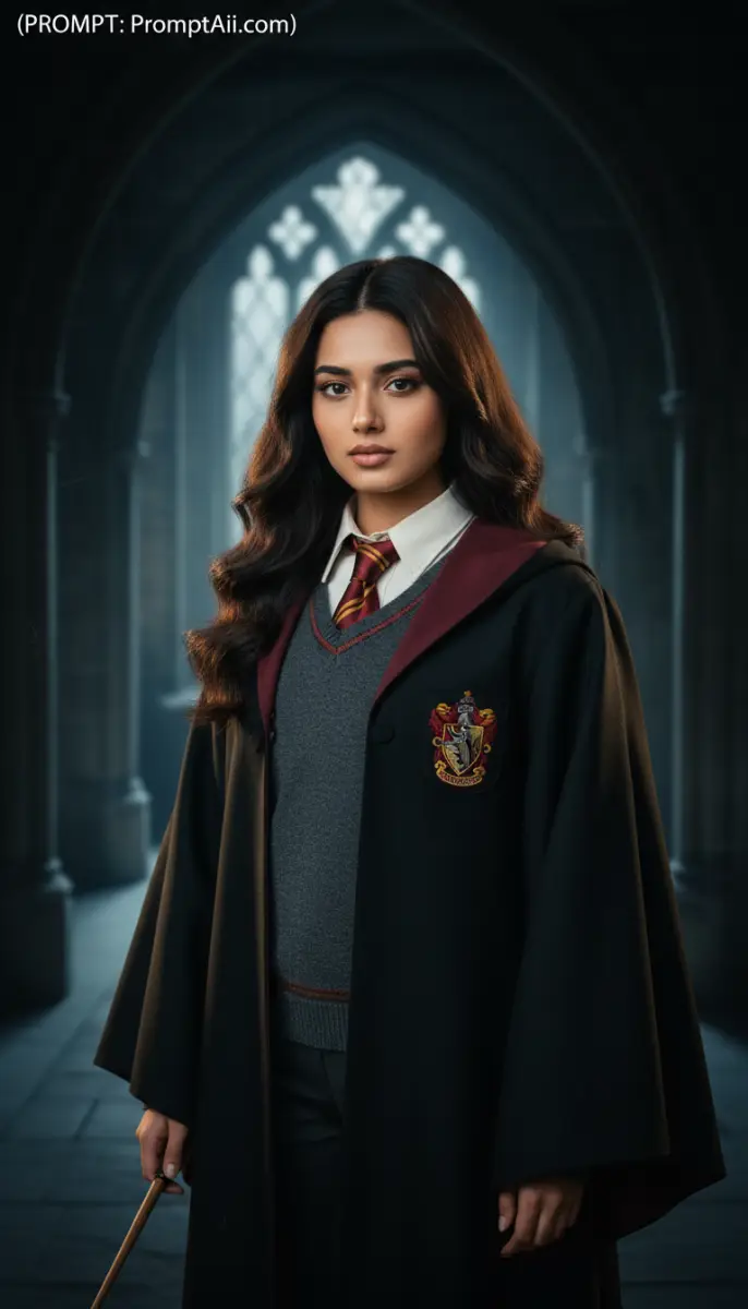 Young woman wearing Gryffindor uniform holding a wand