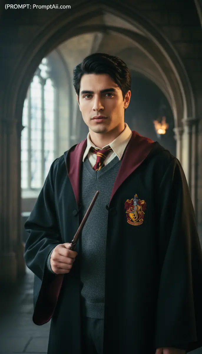 Gryffindor Student Holding Wand in Cinematic Hallway