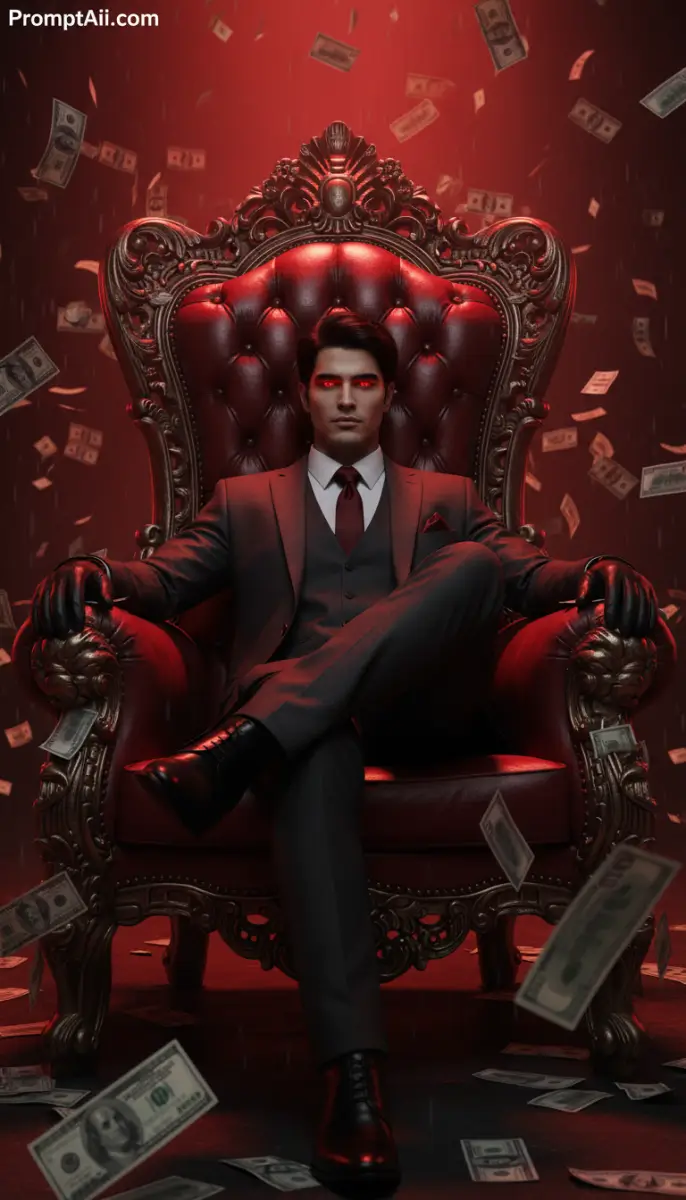 Powerful Businessman on Red Throne with Raining Money
