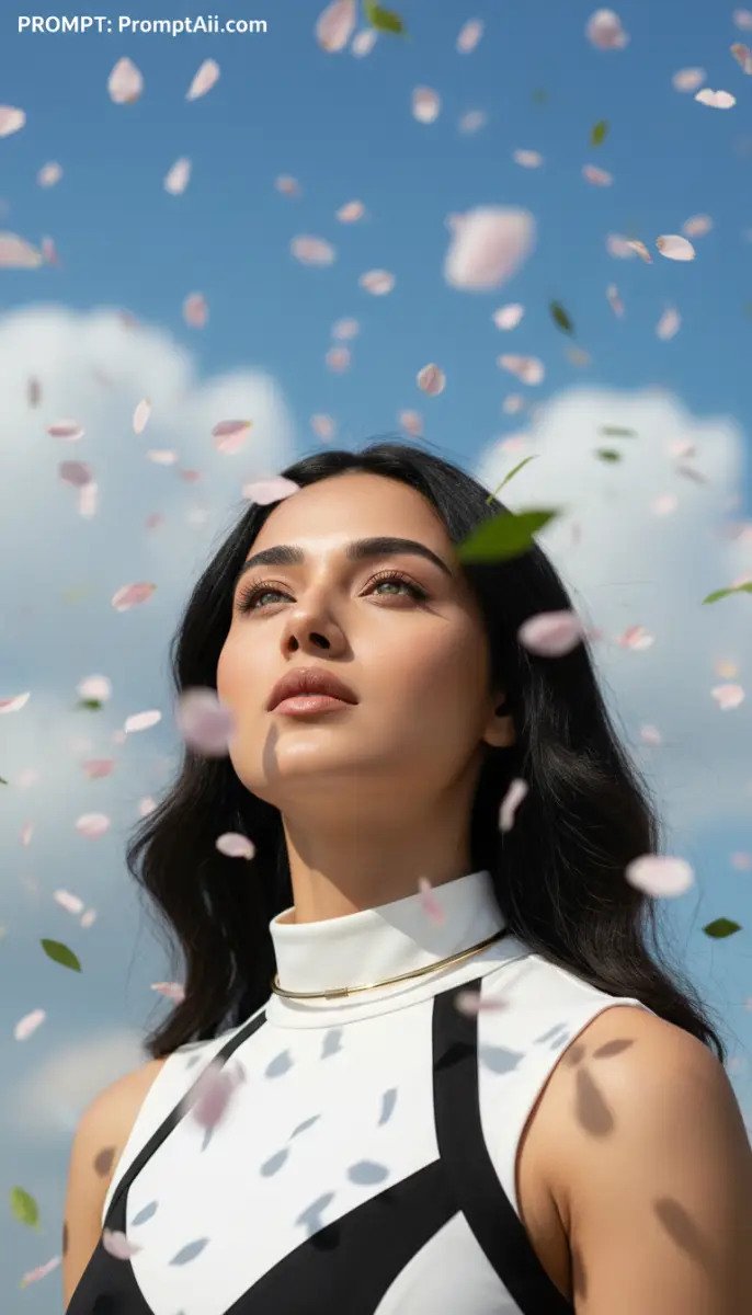 Elegant woman portrait under blue sky with falling pink petals