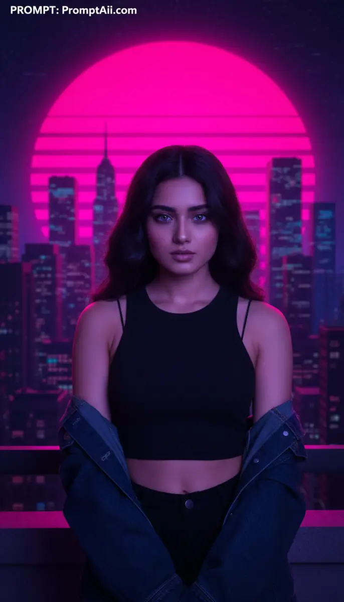 Aesthetic Portrait of Woman in Neon Retro Cityscape