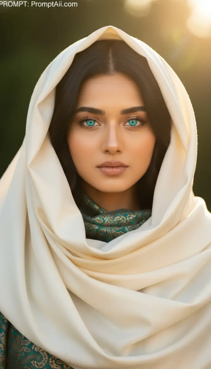 Close-up Portrait of Woman with Bright Blue Eyes and White Shawl