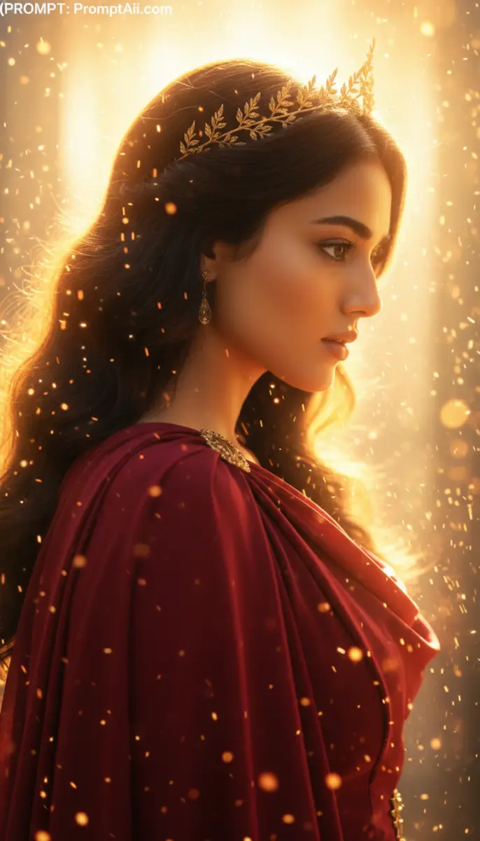 Cinematic portrait of a woman wearing a golden crown and red cloak