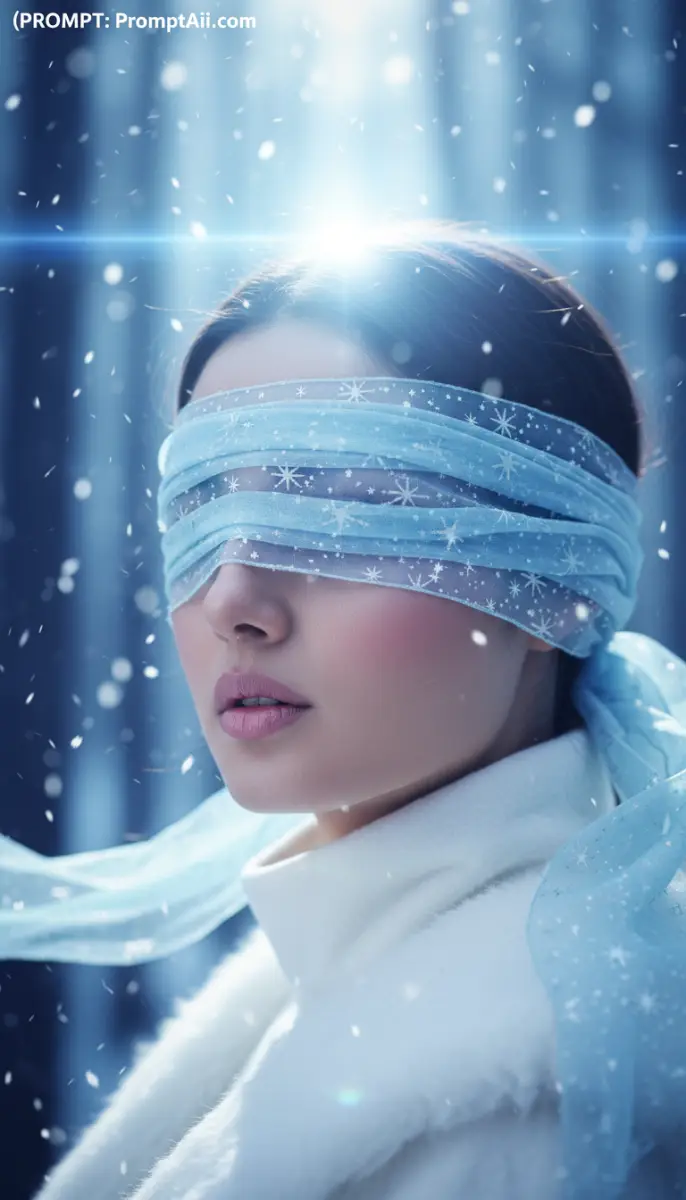 Close-up portrait of woman wearing snowflake blindfold in winter