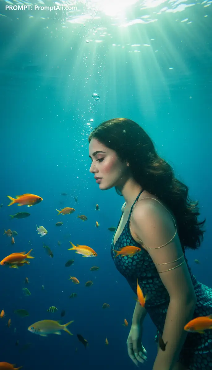 Woman Underwater with Fish in Deep Blue Ocean Sunbeams