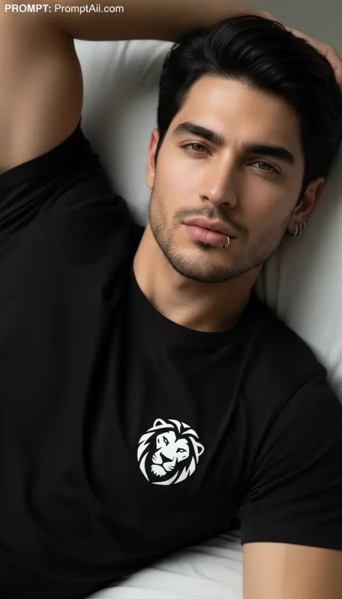 Close-up portrait of handsome man wearing black lion logo shirt