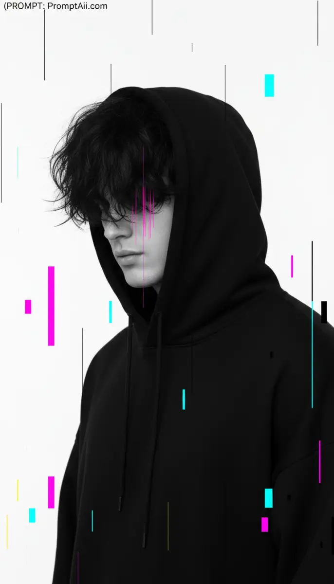 Aesthetic B&W Portrait of Man in Black Hoodie with Glitch