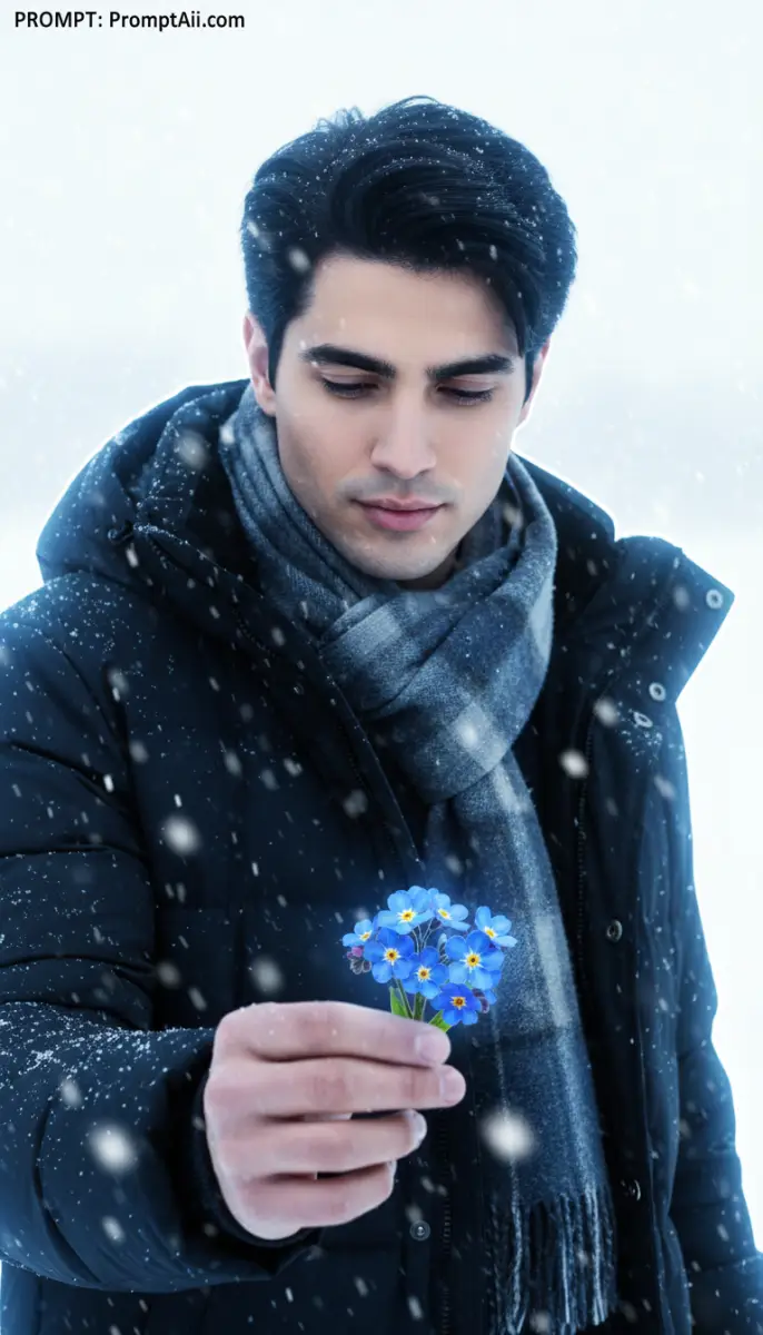 Aesthetic Winter Portrait of Man Holding Blue Forget-Me-Nots