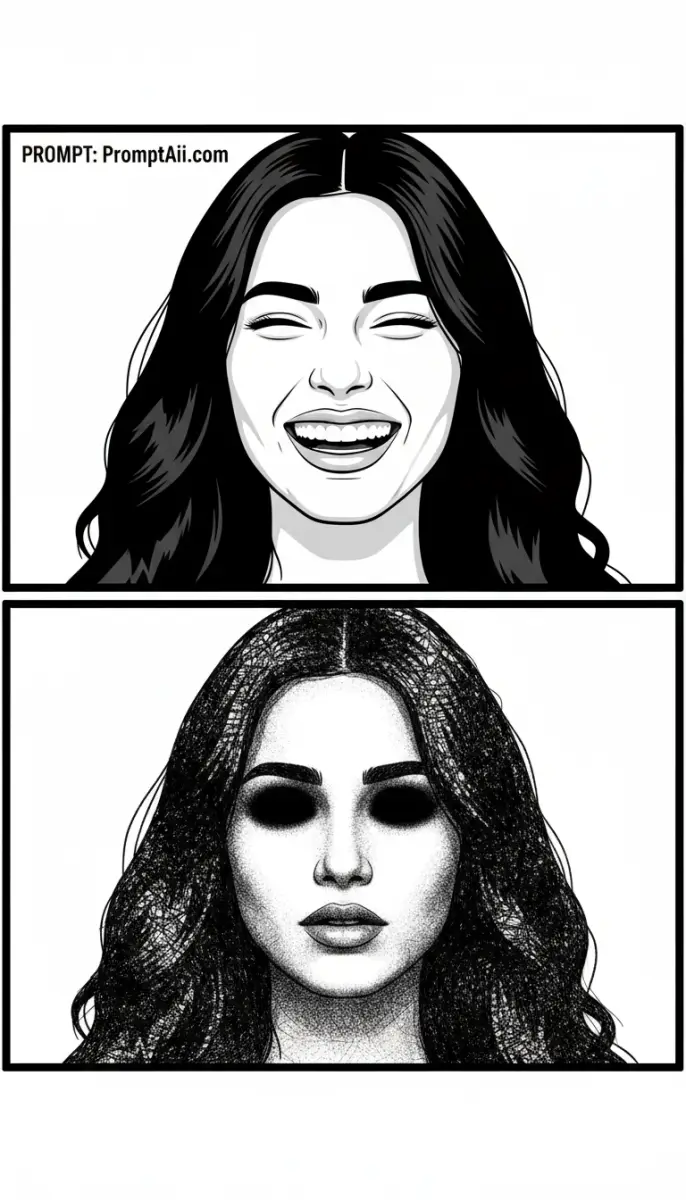 Dual Portrait Black and White Art: Happy Expression and Dark Stipple