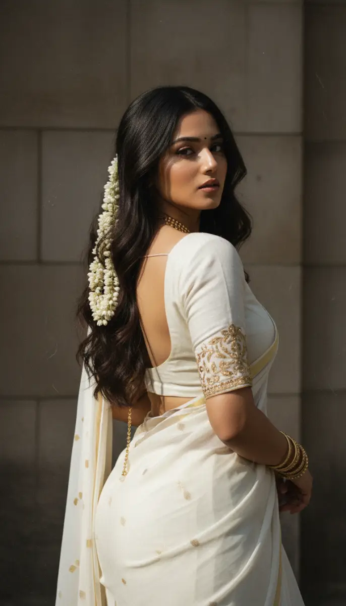 Traditional Indian Woman in White Saree and Gajra Portrait
