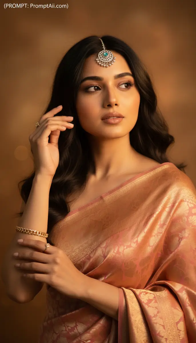Indian Woman Portrait in Pink Saree with Maang Tikka Jewelry