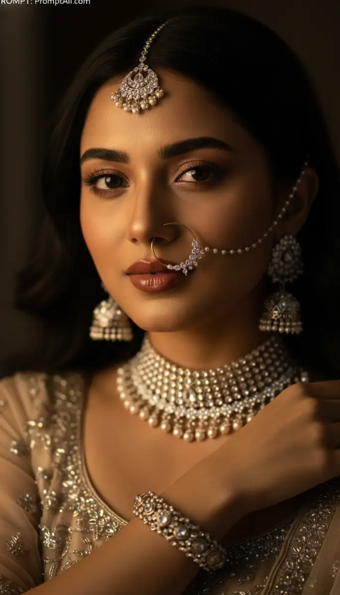 Regal Indian bridal portrait with maang tikka and nose ring