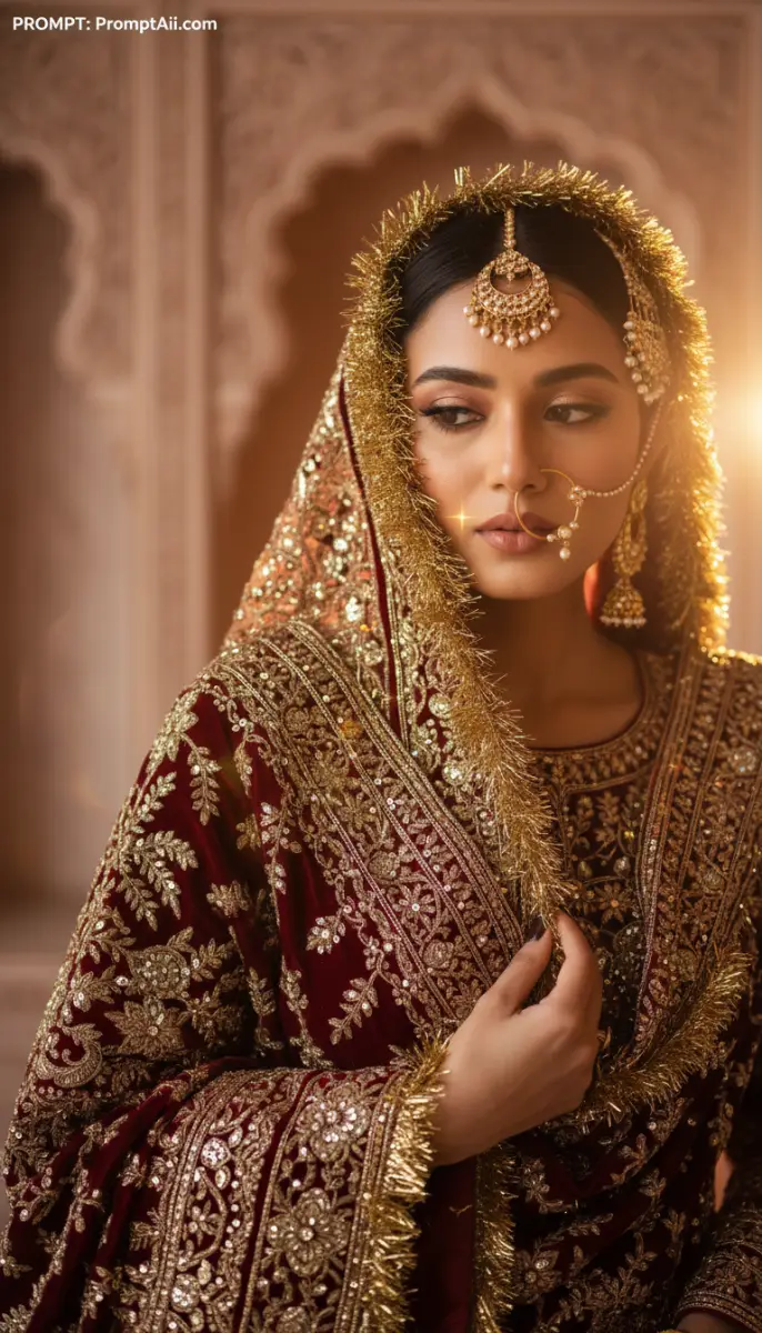 Indian Bride Portrait in Red Velvet with Gold Embroidery