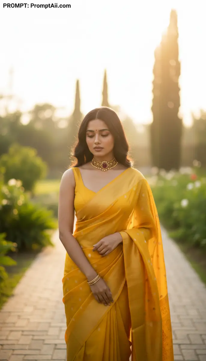 AI prompt example for indian woman wearing yellow silk saree and gold jewelry