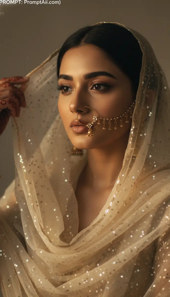 Beautiful Indian Woman in Sequined Veil and Traditional Nath Jewelry