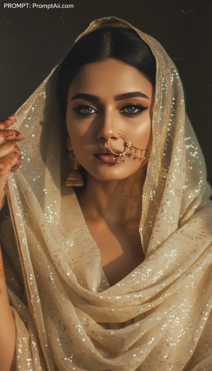 Stunning Portrait of Woman in Gold Sequined Dupatta and Nose Ring