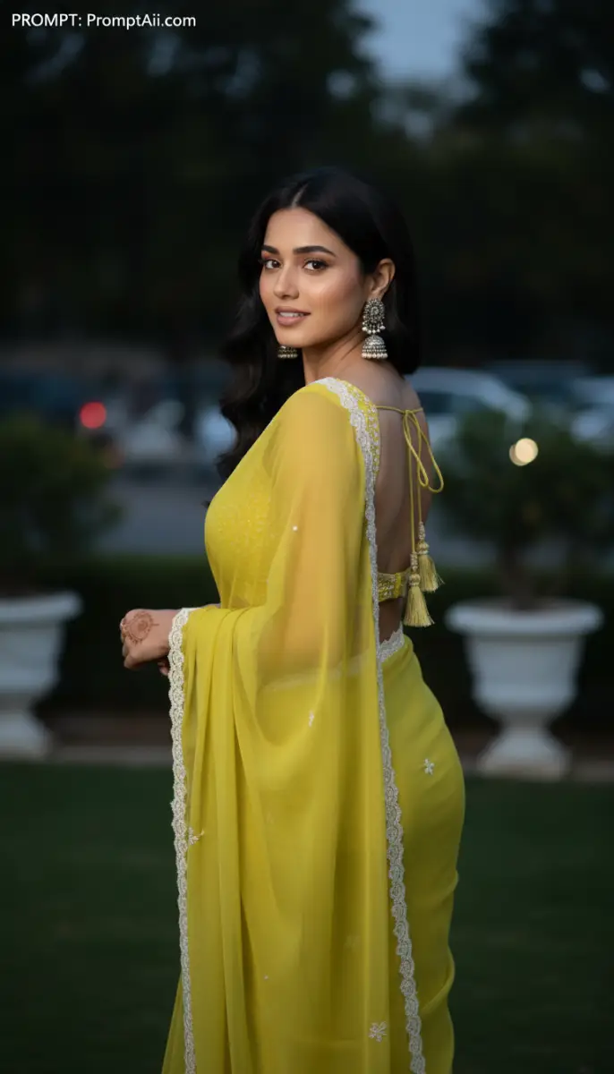 AI prompt example for indian woman in bright yellow saree and jhumka earrings