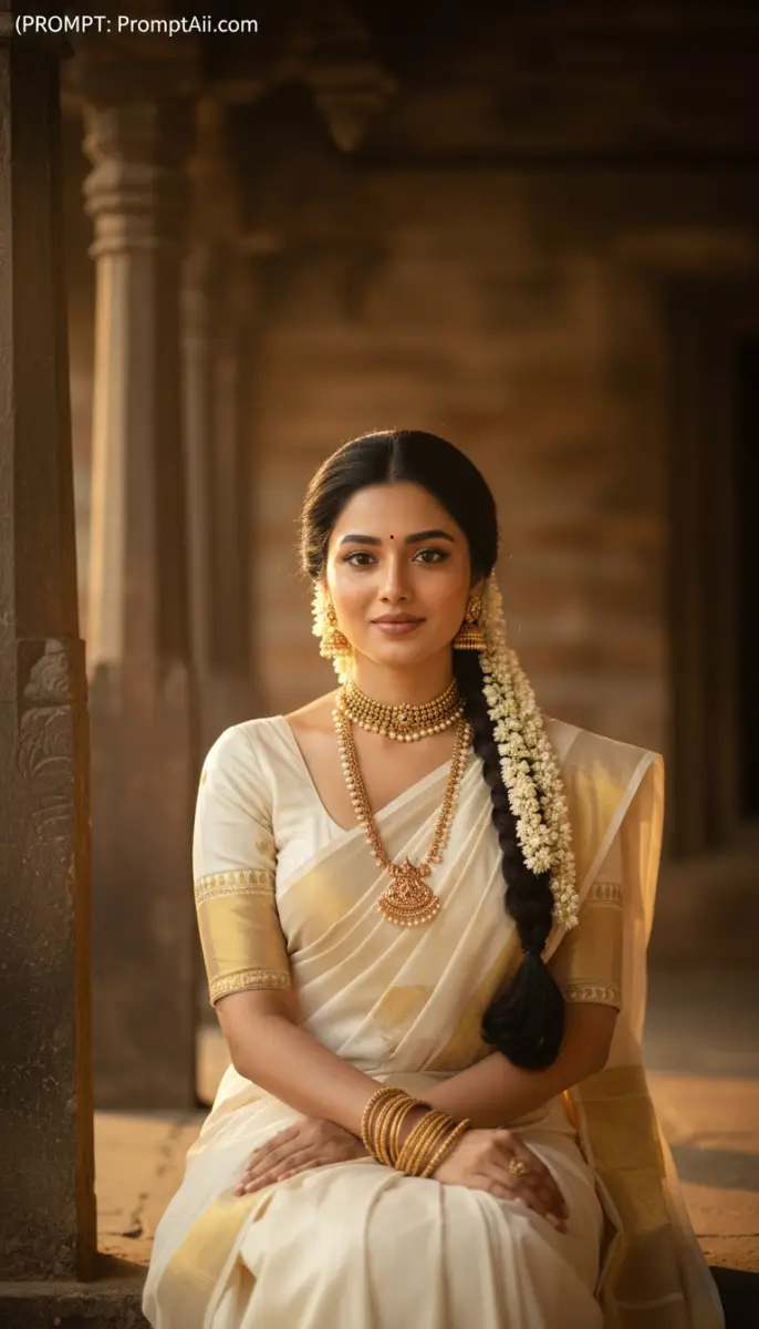 AI prompt example for south indian woman in traditional white saree and gold jewelry