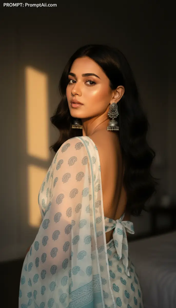 AI prompt example for indian woman in backless saree blouse with traditional jhumka earrings