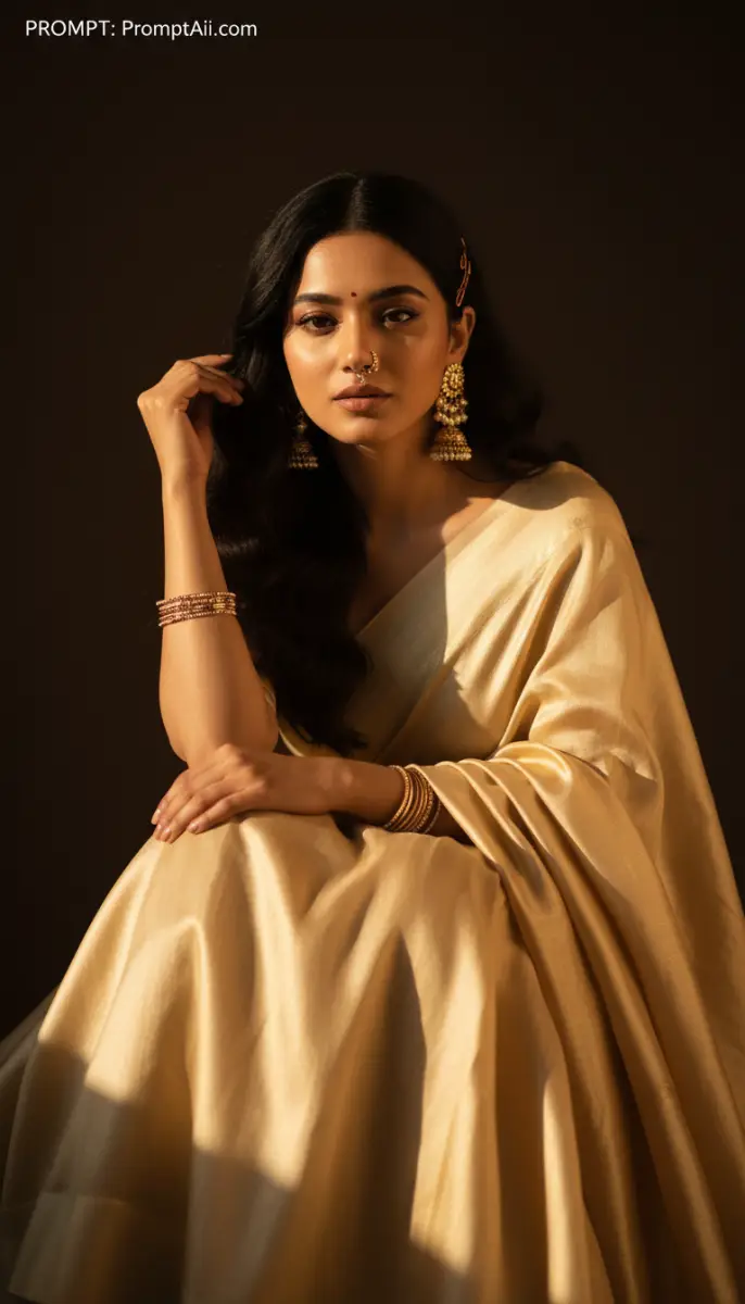 AI prompt example for indian woman in golden silk saree and traditional jewelry