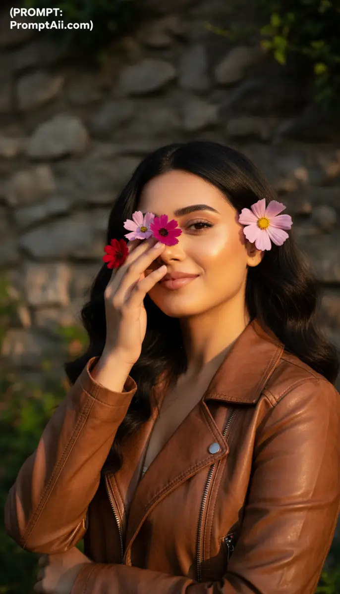 Woman in brown leather jacket with colorful flowers on face