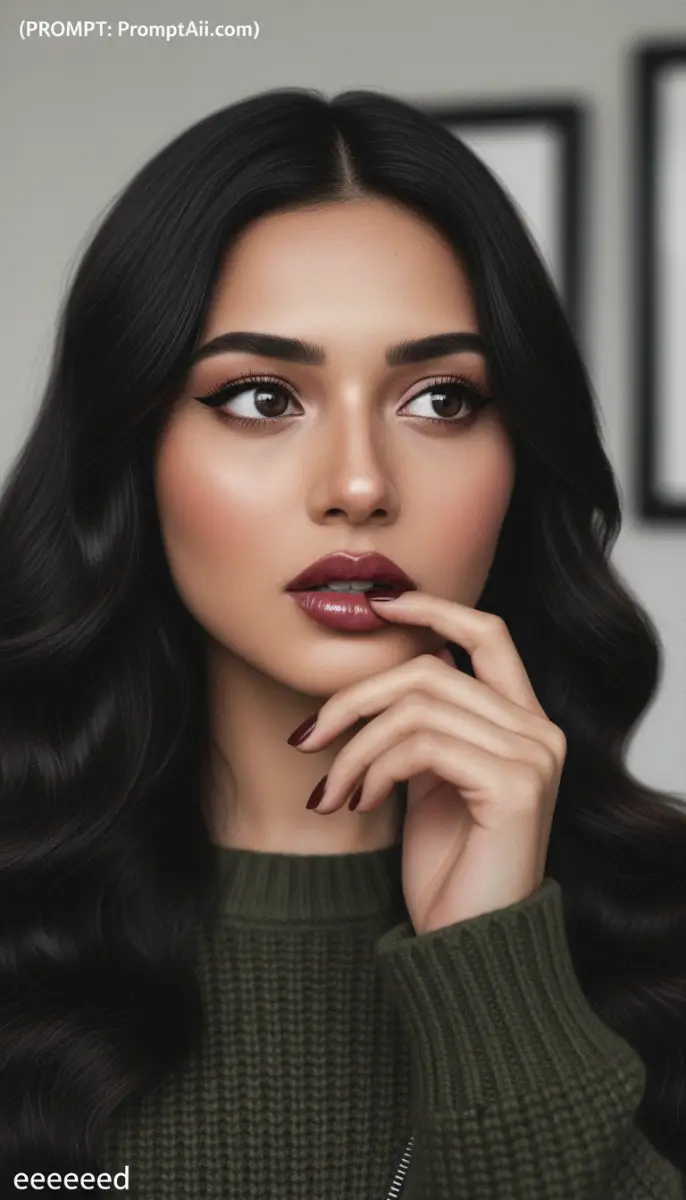 Close-up Portrait of Woman with Dark Hair and Makeup