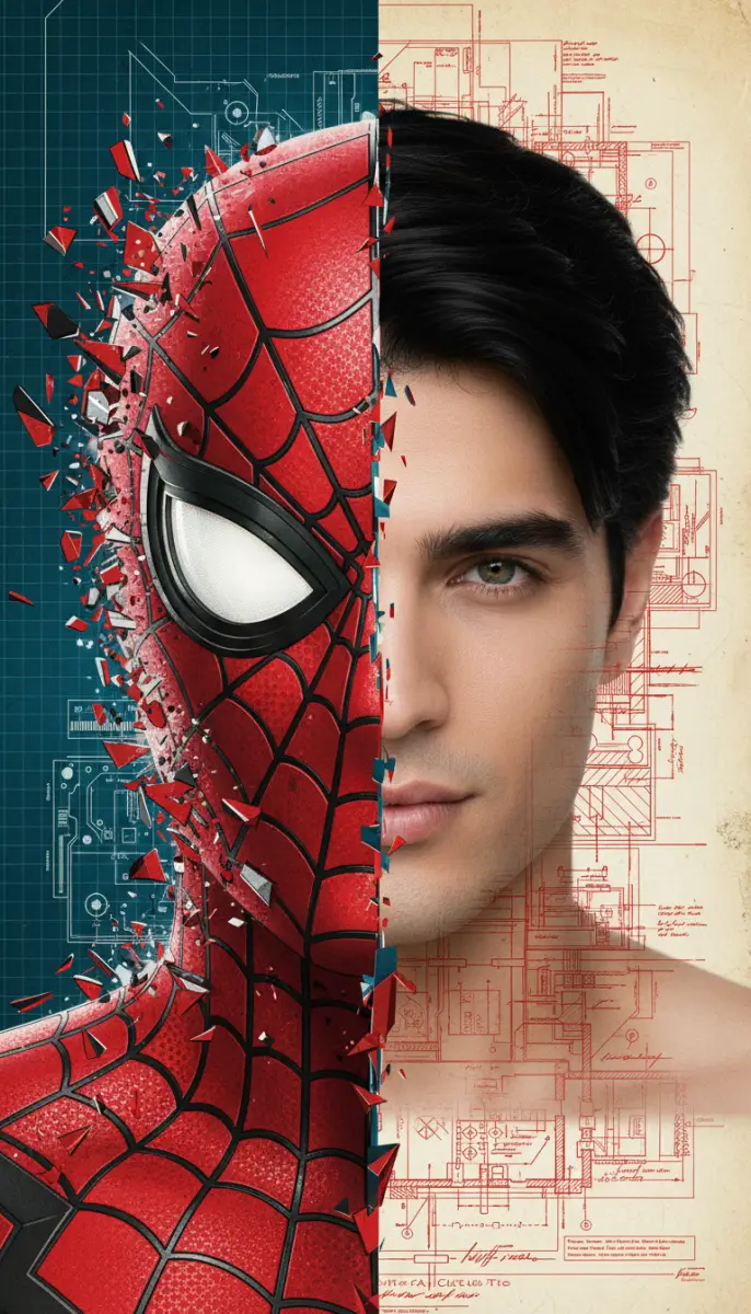 Split Face Portrait: Spider-Man and Man with Blueprints