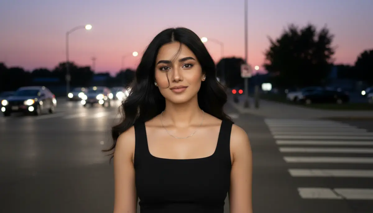 Young Woman Posing on City Street at Twilight