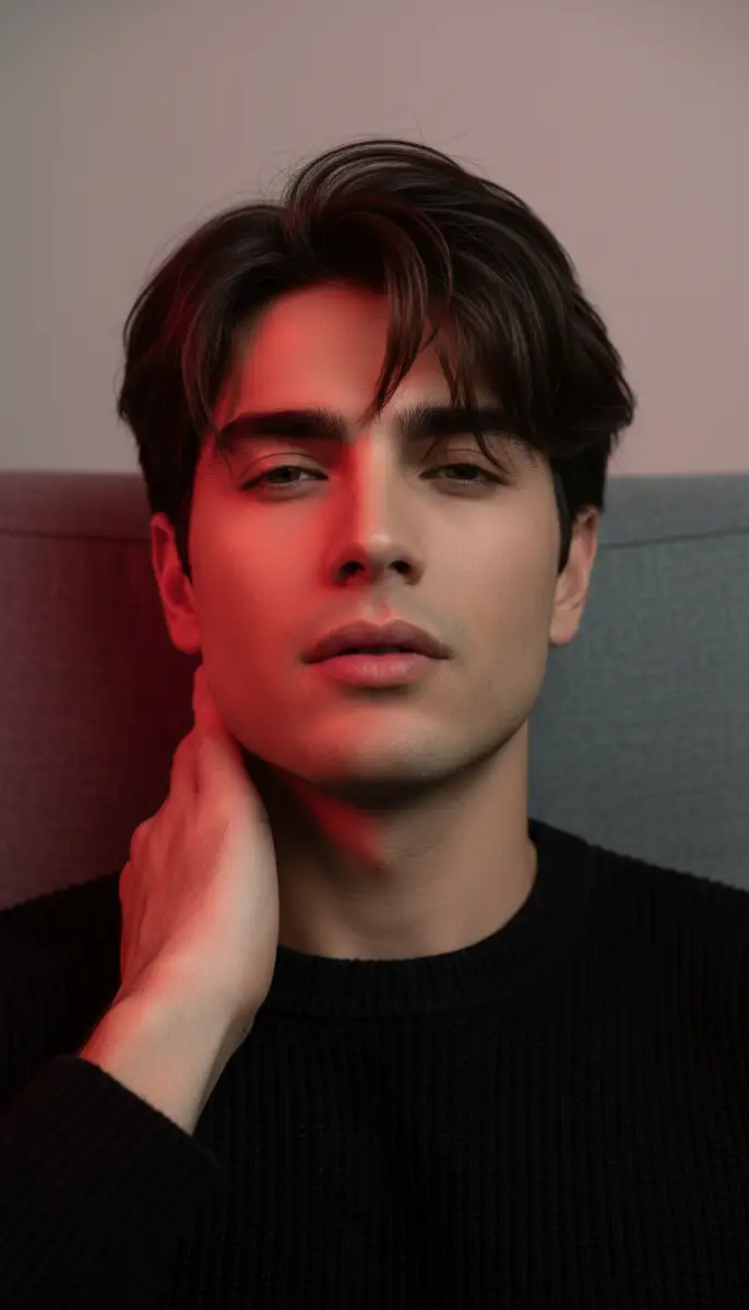 Young man in black sweater with red light portrait
