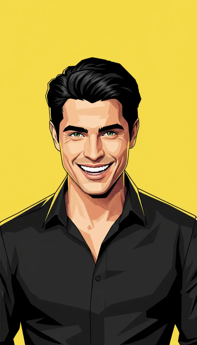 Happy cartoon man in black shirt against yellow background