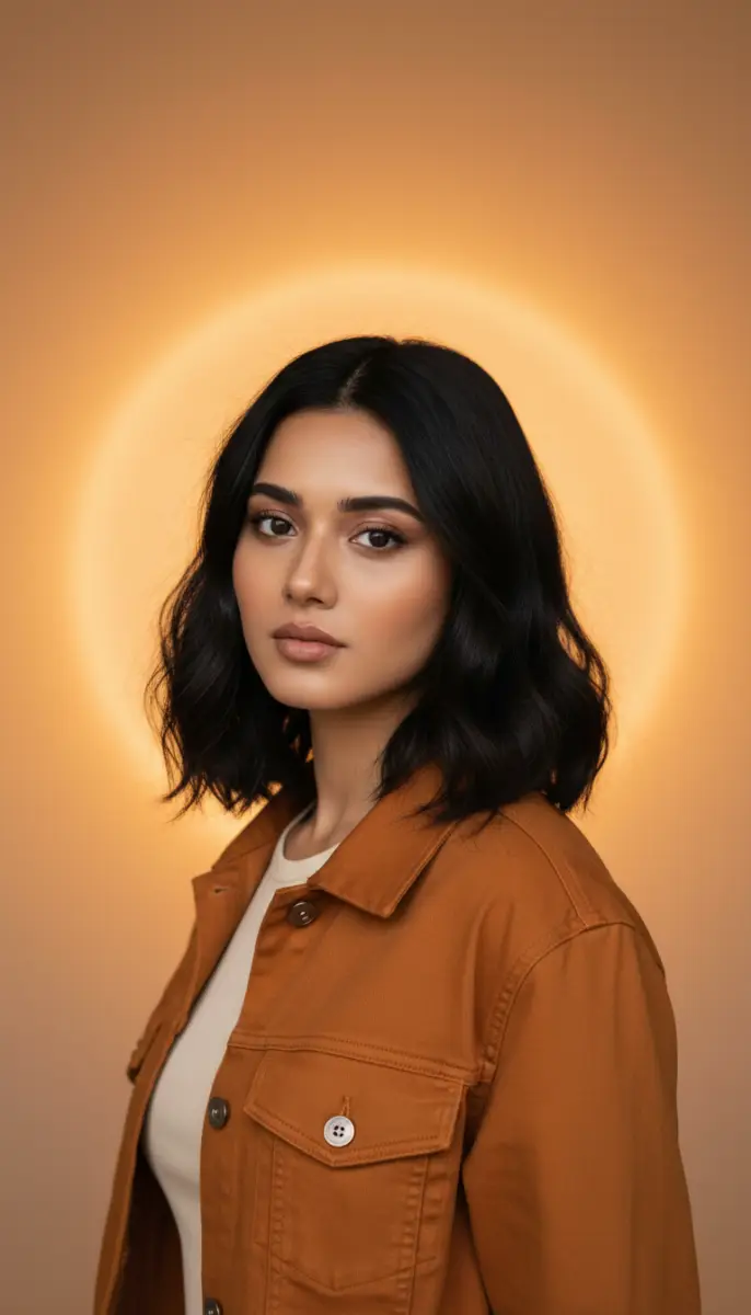 Beautiful woman with dark hair in a brown jacket